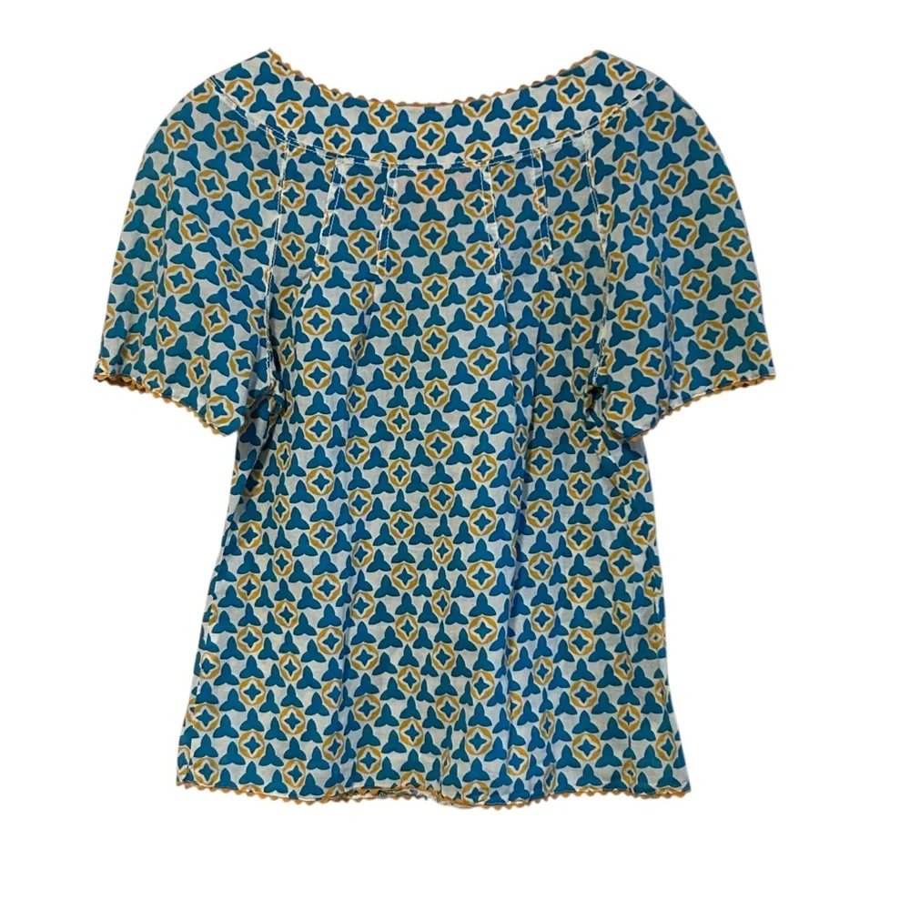 Tory Burch Ruffle Cotton Blouse Shirt Yellow Blue Size 8 Women’s Short Sleeve